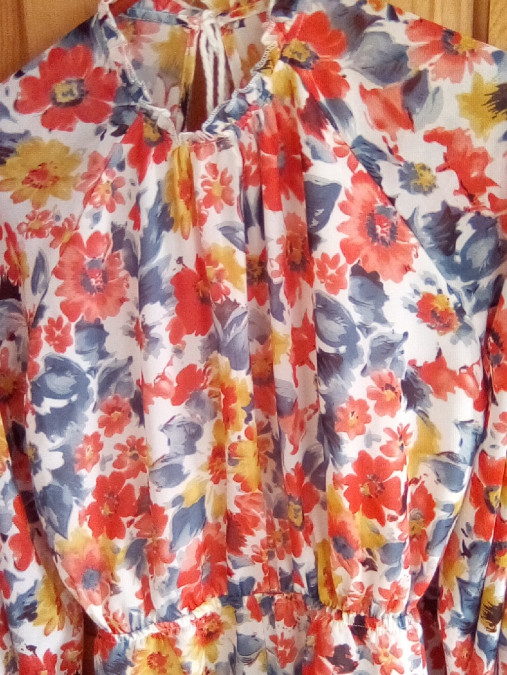 SHEIN Floral Tie-Neck Blouse in Red, Blue, Yellow on White